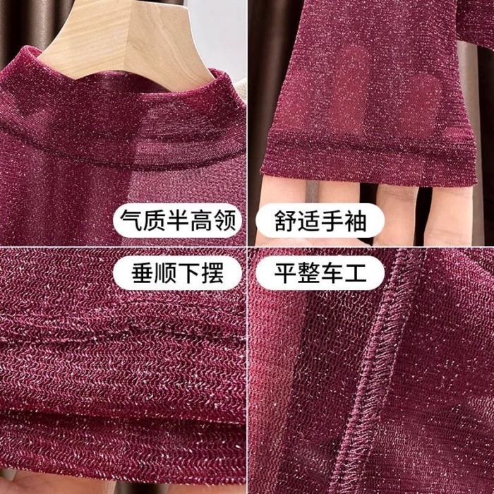 Áo sơ mi lưới nửa cổ cao màu trắng bạc dành cho nữ mùa thu váy treo rỗng có ren niche top