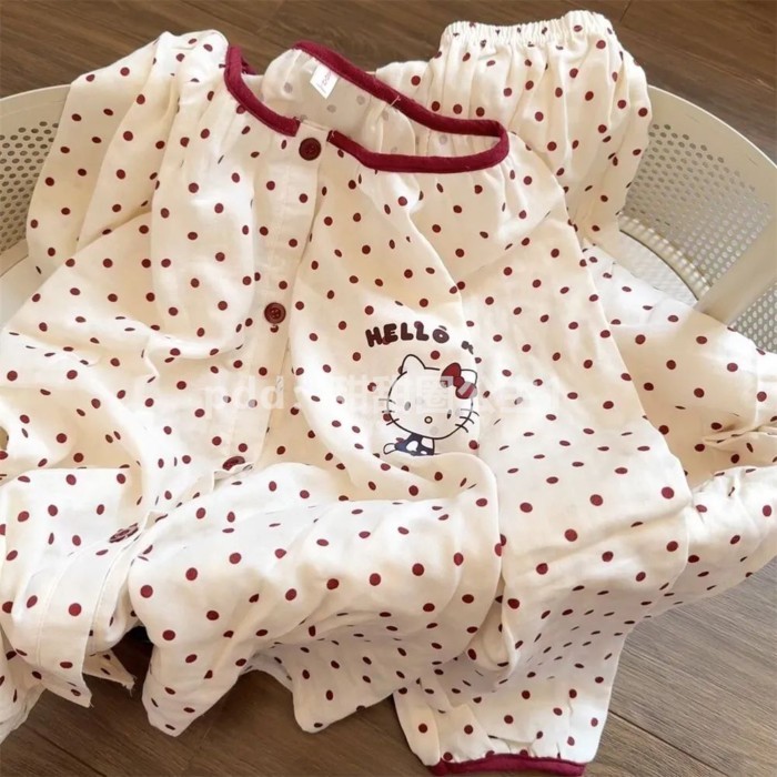 Bộ đồ ngủ mèo kitty chấm bi, quần dài tay trẻ em vừa và lớn, quần áo mặc ở nhà bằng vải cotto