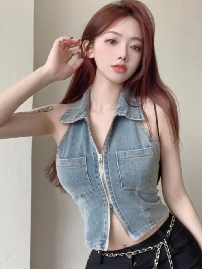 Áo vest denim Mỹ dành cho nữ mùa hè mới dáng ôm vừa vặn không tay cổ dây treo ngắn
