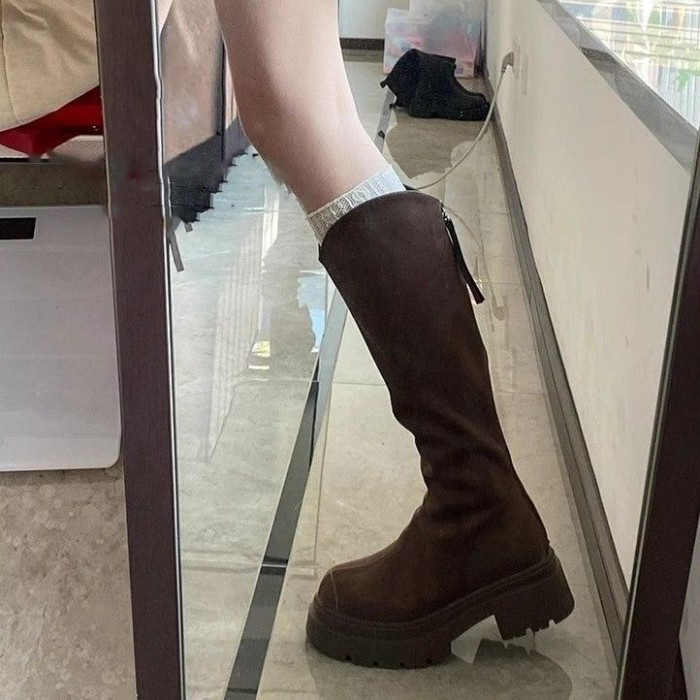 Giày bốt cao cổ da lộn mỏng co giãn bốt đế dày bốt cao cổ mạch lớn chân dày hiệp sĩ dành cho nữ