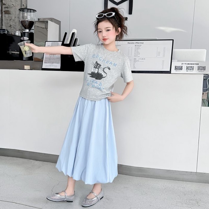 bé gái mùa hè váy nụ váy cạp cao thông thường dành cho trẻ em váy dài vừa phong cách phương tây