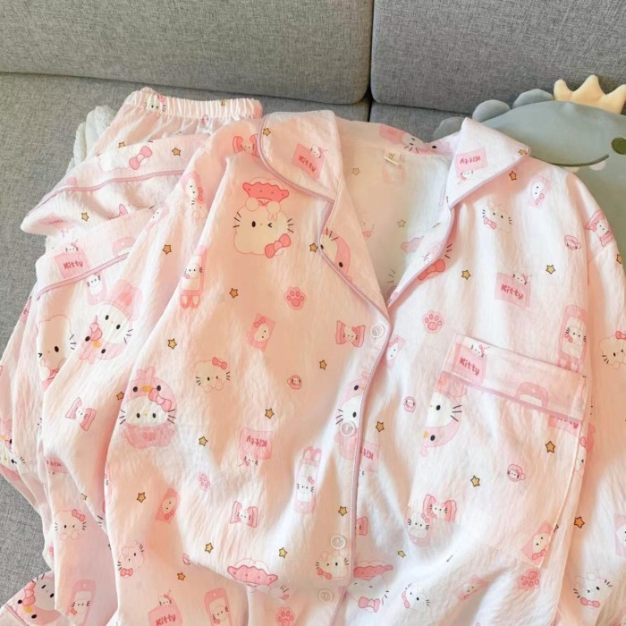 Bộ đồ ngủ mèo KT dành cho trẻ em quần dài tay cotton hình đám mây cho trẻ em vừa và lớn hoạt