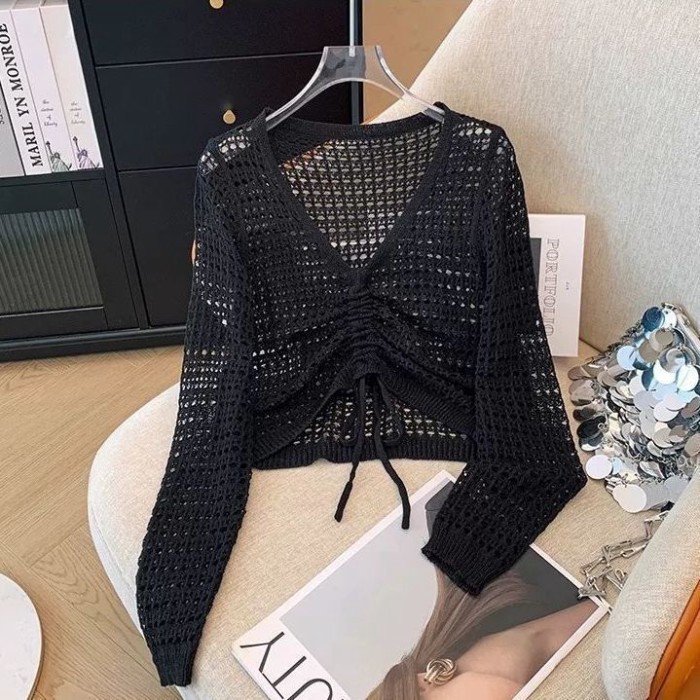 Áo len dệt kim rỗng kiểu mới dành cho nữ, cổ mỏng, áo khoác mỏng, khăn choàng điều hòa, chống