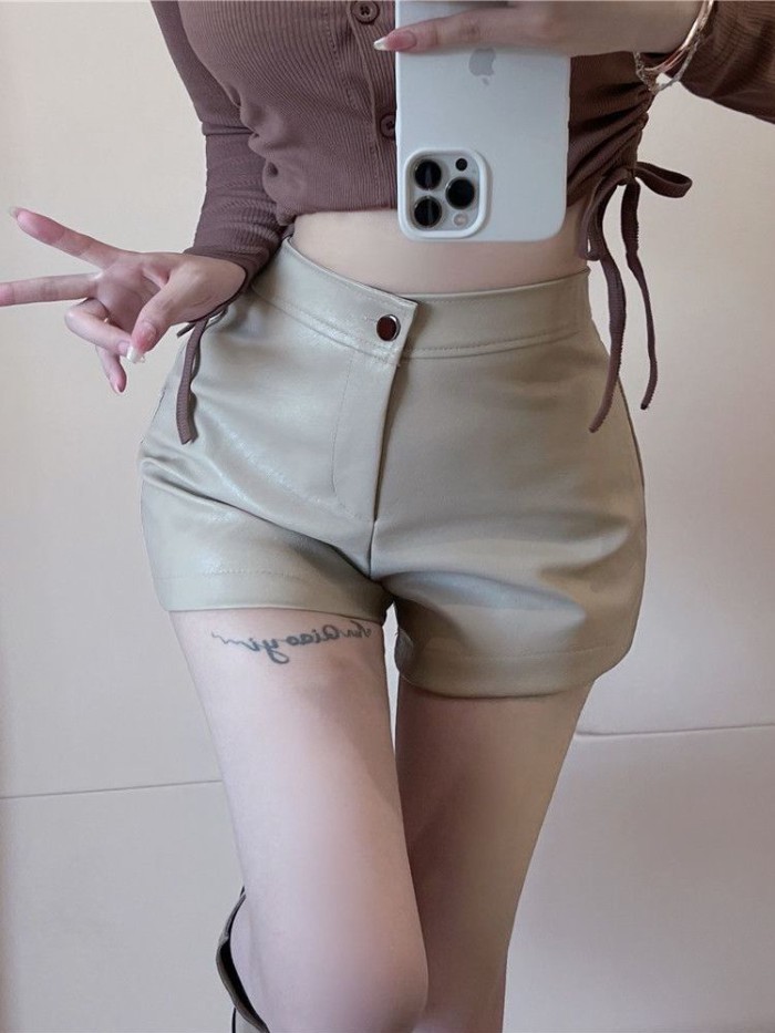 quần short da cho nữ, phong cách mới thu đông, đa năng, dáng rộng, ống rộng, giảm béo, lưng cao,