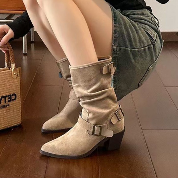 Giày bốt Martin mũi nhọn đến giữa bắp chân dày dành cho nữ, bốt xếp chồng, bốt hiệp sĩ nữ