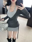 Bộ đồ hai dây màu xám dành cho nữ mùa thu hot girl áo cardigan cổ chữ V dáng thon gọn