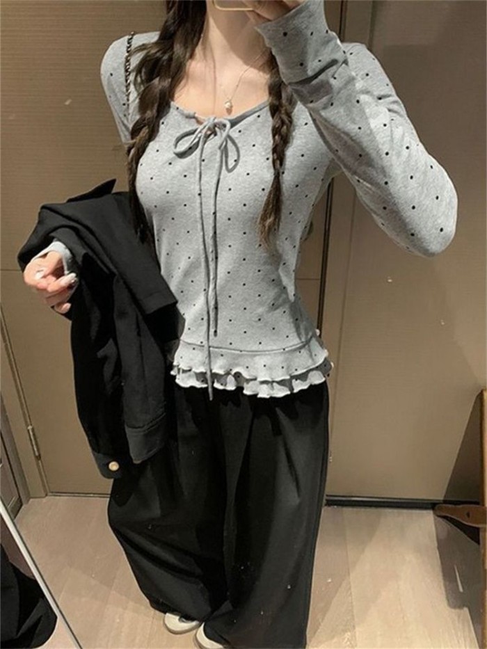 Áo thun dài tay chấm bi kiểu Pháp dành cho nữ, thắt nơ, áo nhung Đức slim fit