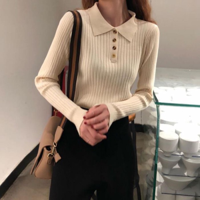 Áo len cổ polo nữ xuân thu Hàn Quốc Áo len chui đầu dài tay ôm đáy áo sơ mi hàng đầu