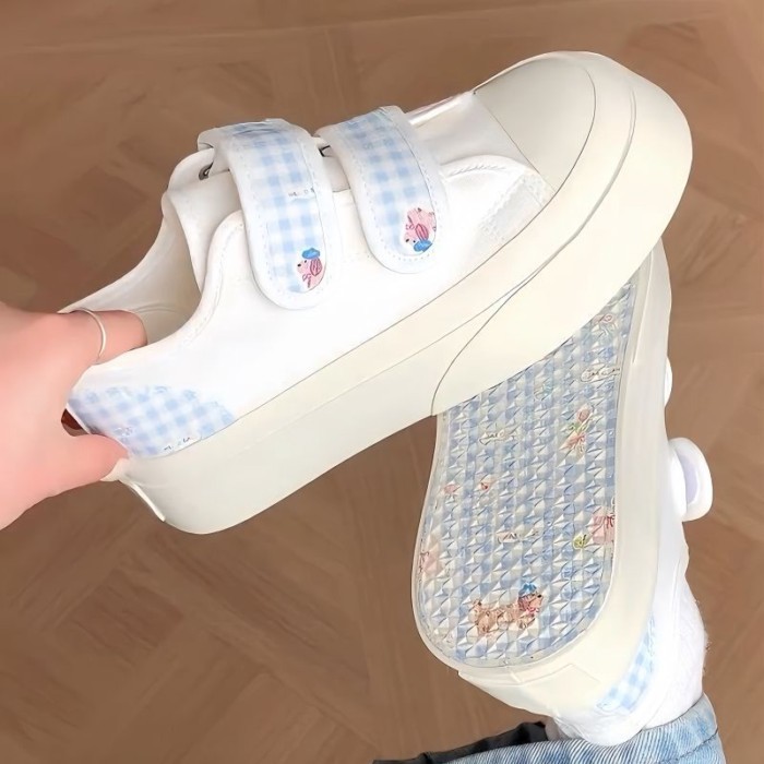 Giày canvas trắng đế dày đơn giản dành cho nữ sinh với chân váy và giày thể thao Velcro