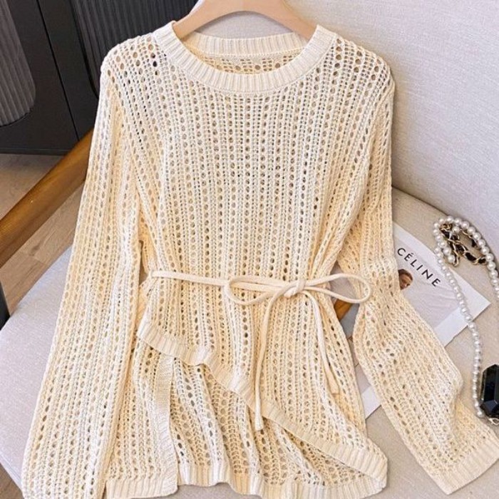 Áo khoác ngoài điều hòa treo khăn cho nữ cổ tròn không đều móc rỗng dệt kim 24