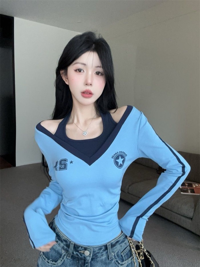 hot girl Mỹ phối màu tương phản áo thun giả hai dây dài tay cho nữ mùa thu áo trễ vai in họa tiế