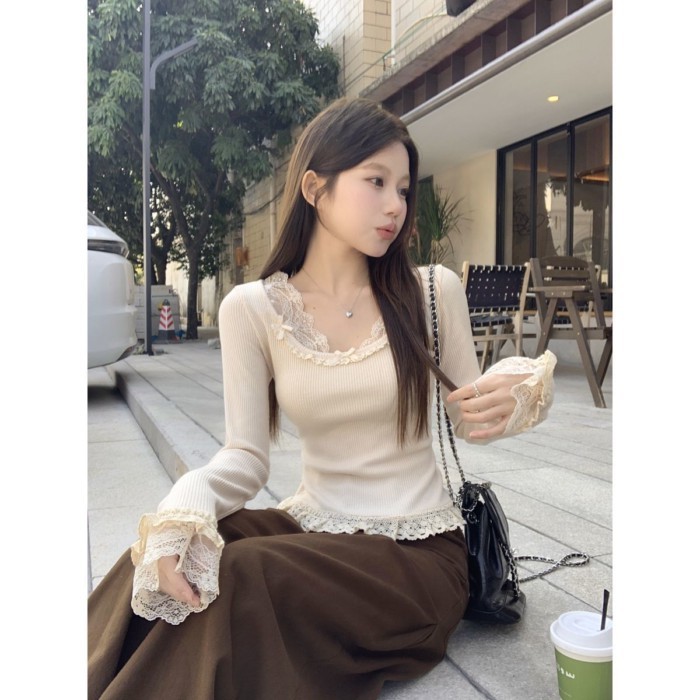 nguyên chất ham muốn phong cách ren mỏng giả hai dây Áo thun nữ dài tay xuân thu mới nơ đáy bên