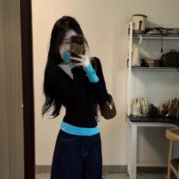 Áo thun dài tay giả hai mảnh cổ chữ V của hot girl Mỹ tương phản màu sắc dành cho nữ mùa xuân th