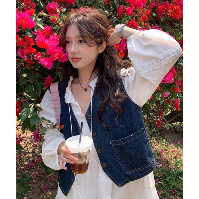 Áo vest denim nữ xuân thu phiên bản Hàn Quốc áo vest xếp lớp mới hàng đầu áo khoác vest ngắn đa năn