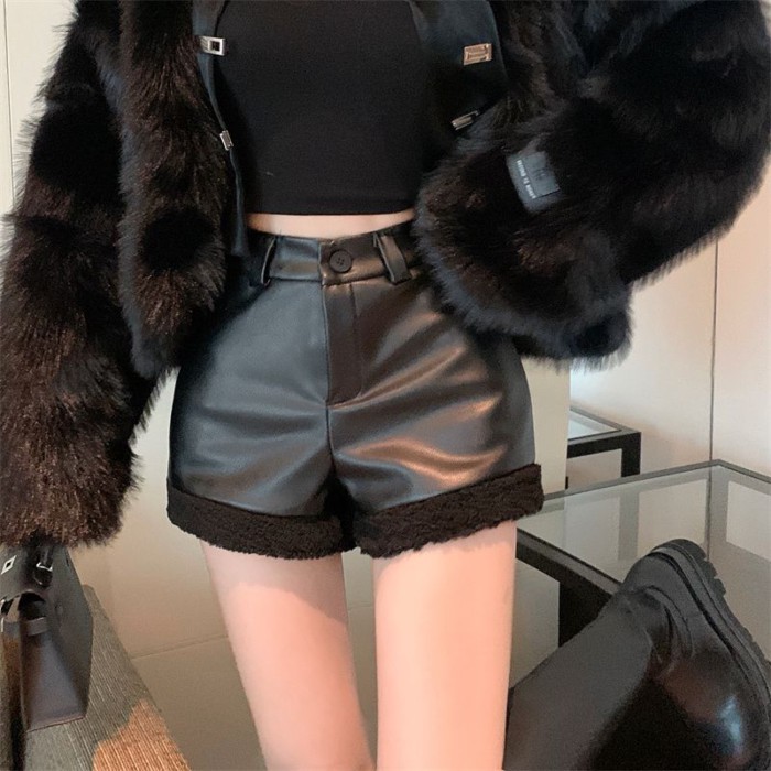 Quần dài chữ A giả len giả da PU thời trang mùa đông Quần short ống rộng Hàn Quốc