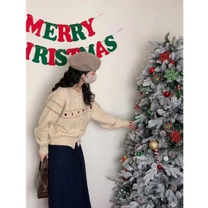 Áo khoác cardigan dệt kim mùa xuân và mùa thu Pháp nhỏ Giáng sinh hàng đầu Áo khoác Jacquard Áo len