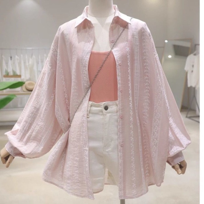 Áo sơ mi chống nắng họa tiết cotton Dopamine Áo sơ mi nữ dáng rộng dài tay chống nắng hàng đầu