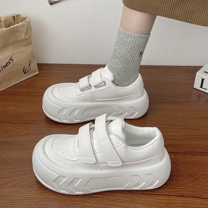 Giày đế dày màu trắng, giày tăng Velcro, giày mũi tròn, giày mũi to, giày thể thao nữ