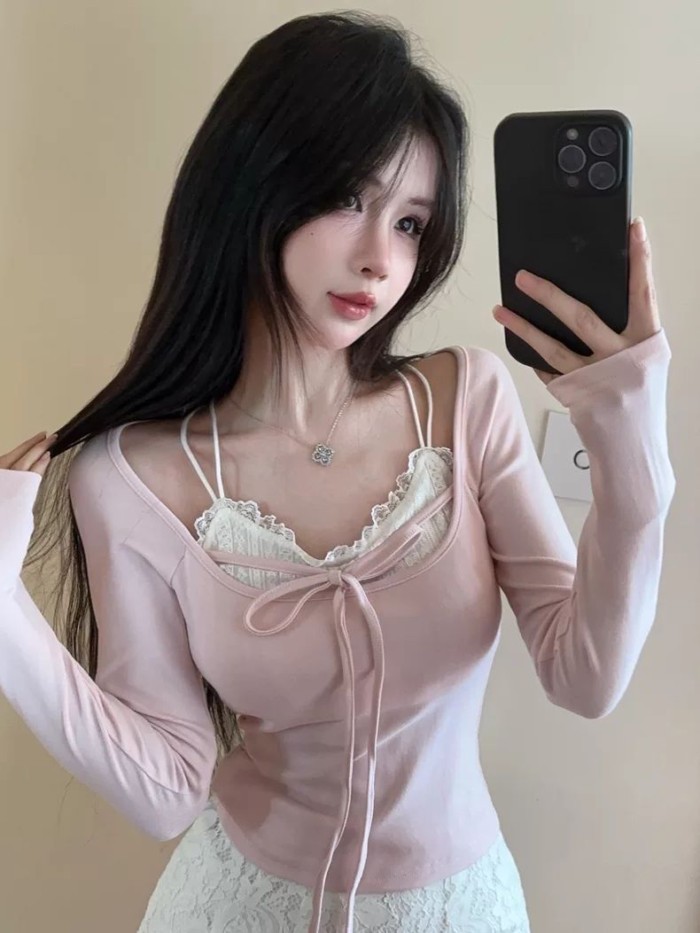 Áo thun dài tay giả hai dây màu hồng Hàn Quốc dành cho nữ đầu thu thuần khiết dục vọng hottie dây á