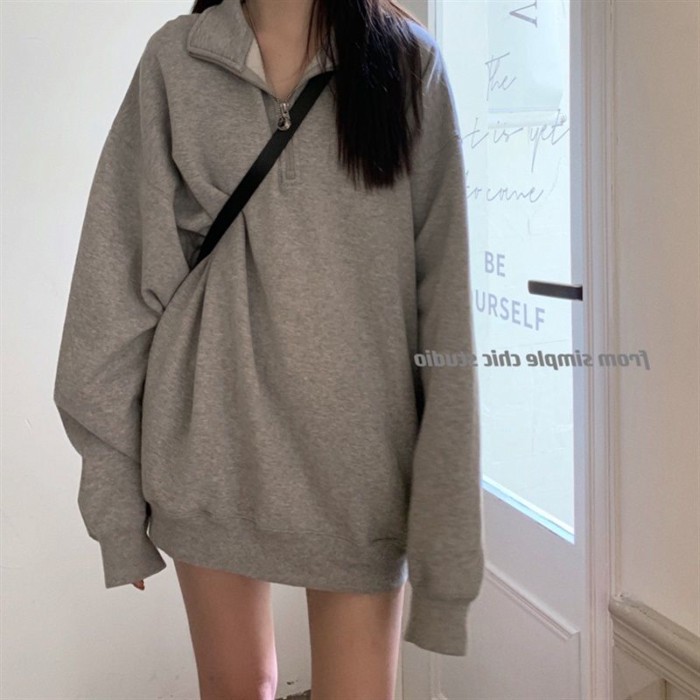Áo thun cổ polo có khóa kéo nửa kín phong cách Hàn Quốc áo thun thường ngày màu xám đơn giản