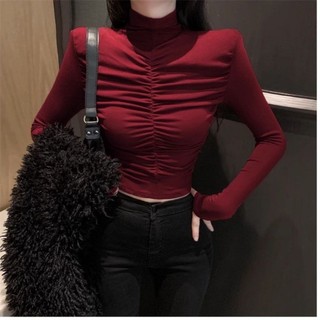 Áo sơ mi nửa cổ cao cổ dành cho nữ mùa thu đông mới niche kiểu dáng ngắn dáng ôm thiết kế xếp
