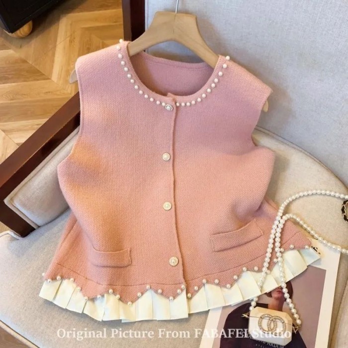 Ngọt Ngào Công Nghiệp Nặng Đính Hạt Nhỏ Thơm Áo Vest Nữ Thiết Kế Mùa Thu Dệt Kim Áo Giả Hai D