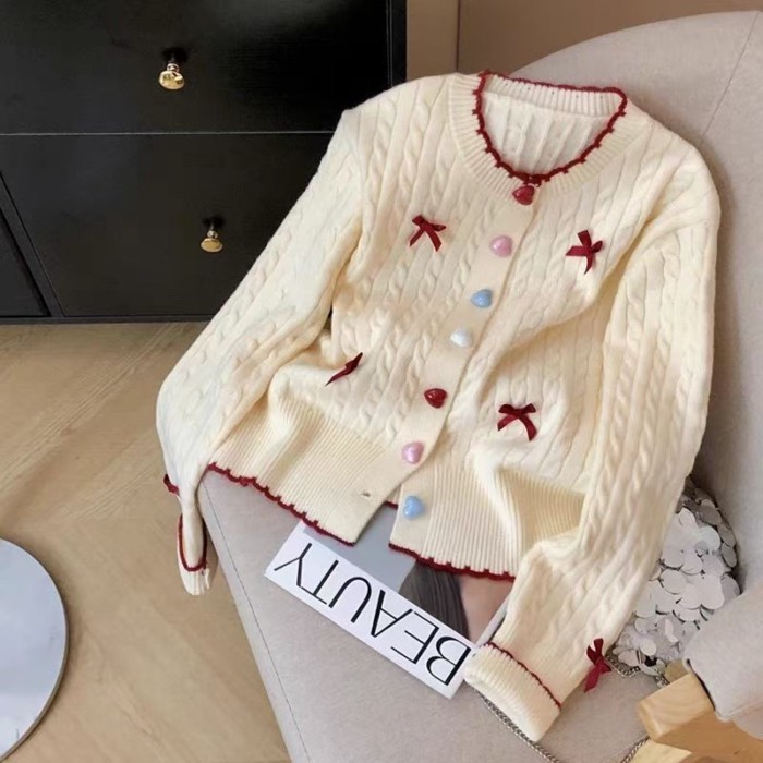 Áo khoác cardigan ngắn dệt kim thêu họa tiết xoắn ngọt ngào phong cách Hàn Quốc
