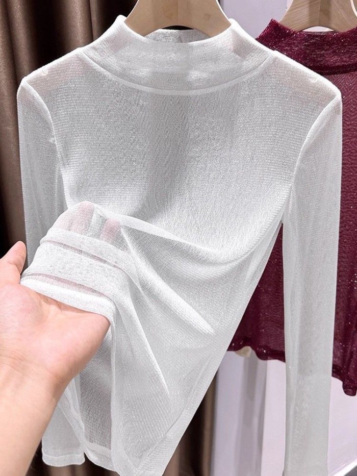 Áo sơ mi lưới nửa cổ cao màu trắng bạc dành cho nữ mùa thu váy treo rỗng có ren niche top