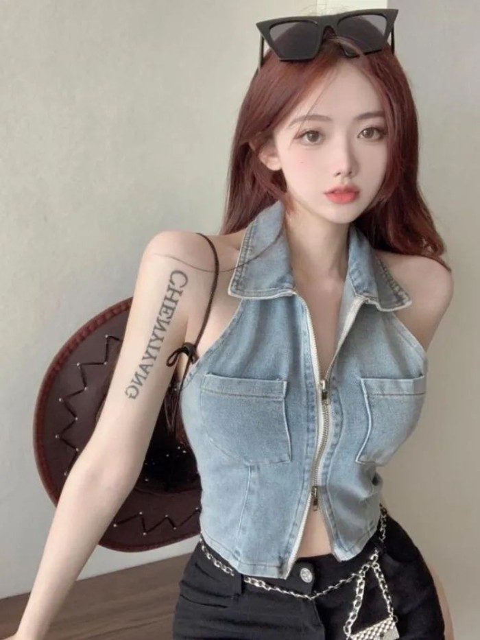 Áo vest denim Mỹ dành cho nữ mùa hè mới dáng ôm vừa vặn không tay cổ dây treo ngắn