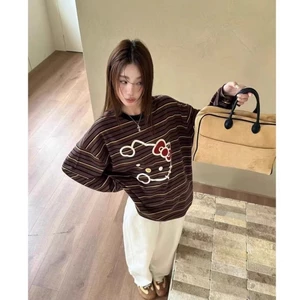 Phim hoạt hình mèo Kitty sọc cổ tròn sọc rộng dài tay áo thun mùa thu thường ngày