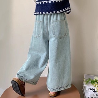 Quần jeans bé gái quần ống rộng thêu quần bé gái thường ngày
