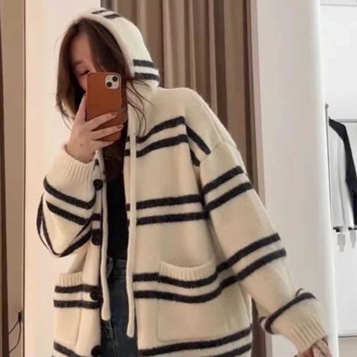 Áo len sọc cao cấp nữ mùa thu mới Fair Isle áo khoác cardigan dệt kim có mũ trùm đầu