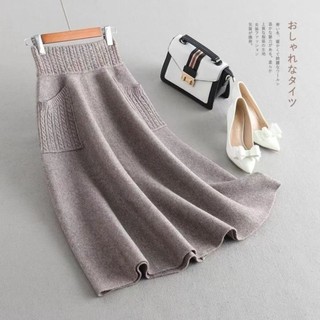 váy dài vừa thu đông váy dệt kim mới của phụ nữ váy hai túi váy len lông tơ lỏng lẻo
