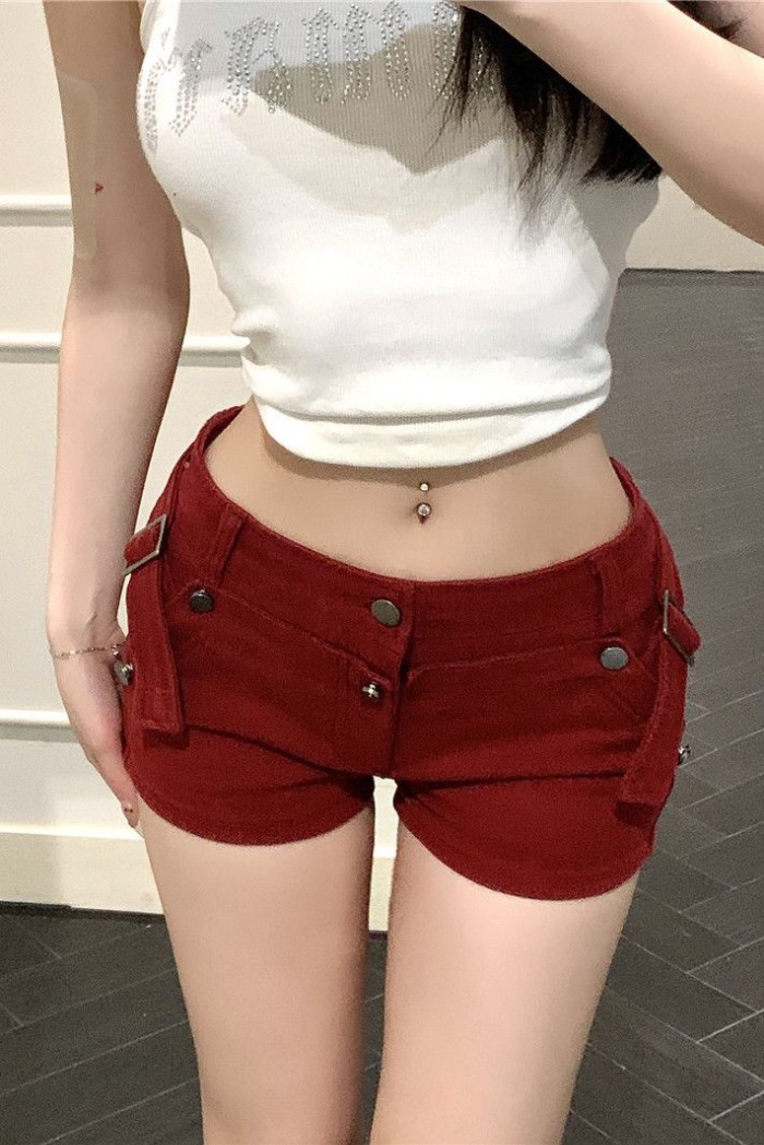 quần short denim siêu hot girl đỏ dành cho nữ, thiết kế mùa hè, quần cạp thấp kiểu Mỹ, quần ôm s