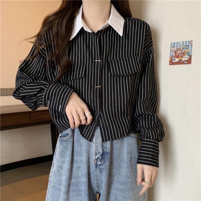 Áo sơ mi dài tay sọc Áo sơ mi nữ Thiết kế ngắn Niche Top Xuân Thu Phong Cách Mới