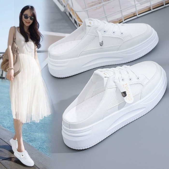 Giày trắng nửa cổ da mềm cho nữ, mặt ngoài đế dày, sandal lười, mũi nhọn thông thường