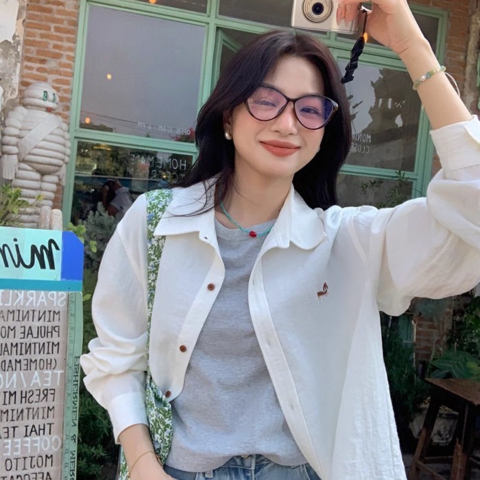 Áo sơ mi thêu mùa xuân thu dài tay áo sơ mi khí chất giản dị áo khoác dáng rộng