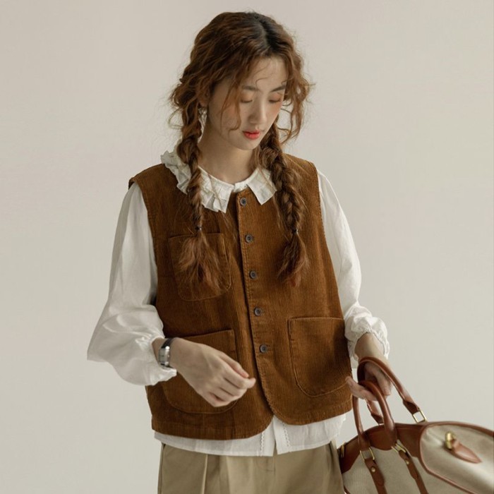 Áo vest nhung kẻ kiểu Pháp dành cho nữ mùa xuân thu không tay áo vest khoác ngoài áo khoác ngoài củ