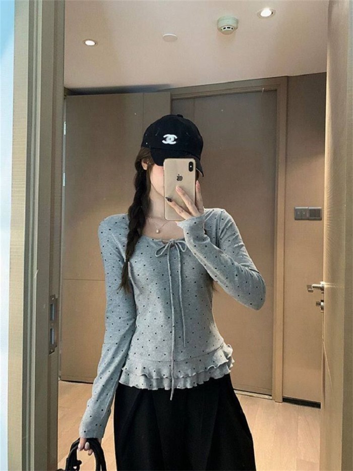 Áo thun dài tay chấm bi kiểu Pháp dành cho nữ, thắt nơ, áo nhung Đức slim fit