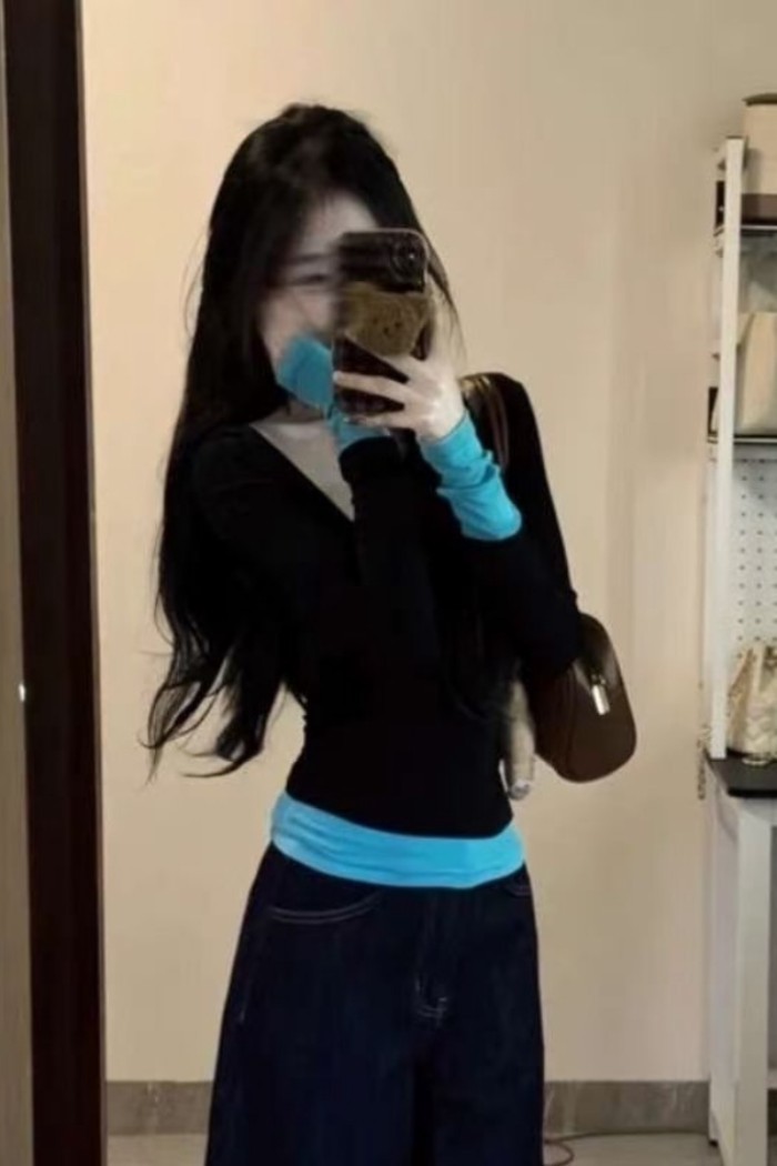 Áo thun dài tay giả hai mảnh cổ chữ V của hot girl Mỹ tương phản màu sắc dành cho nữ mùa xuân th