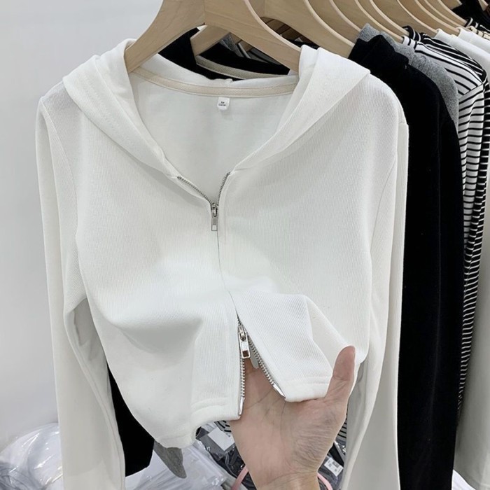 European Design Versatile Double Zipper Hooded Short Coat Autumn And Winter New Ribbed Knitted C