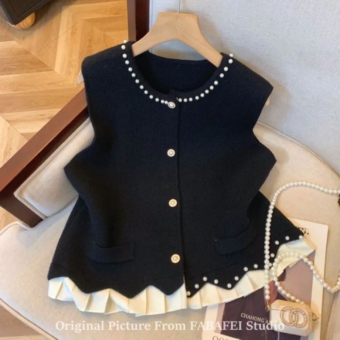 Ngọt Ngào Công Nghiệp Nặng Đính Hạt Nhỏ Thơm Áo Vest Nữ Thiết Kế Mùa Thu Dệt Kim Áo Giả Hai D