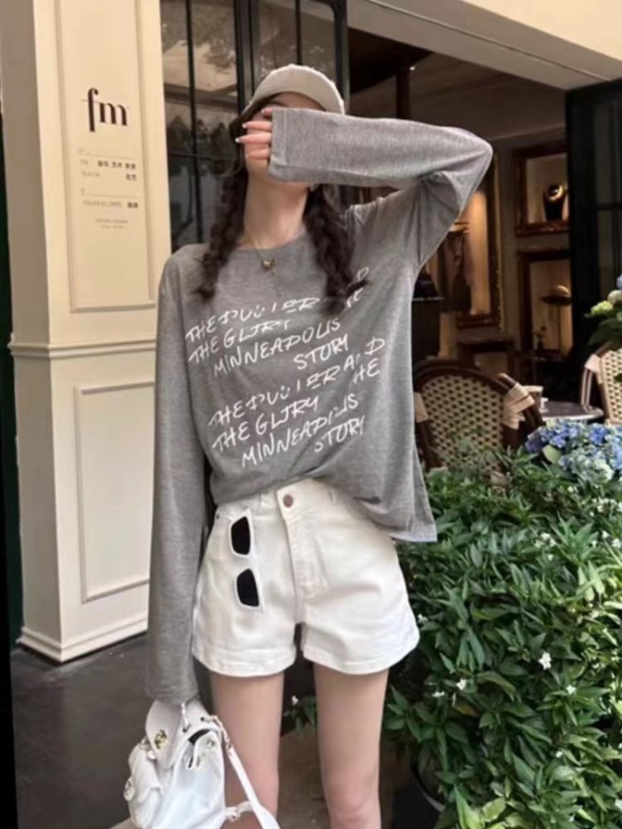 Áo thun dài tay in chữ mùa thu áo sơ mi đáy rộng