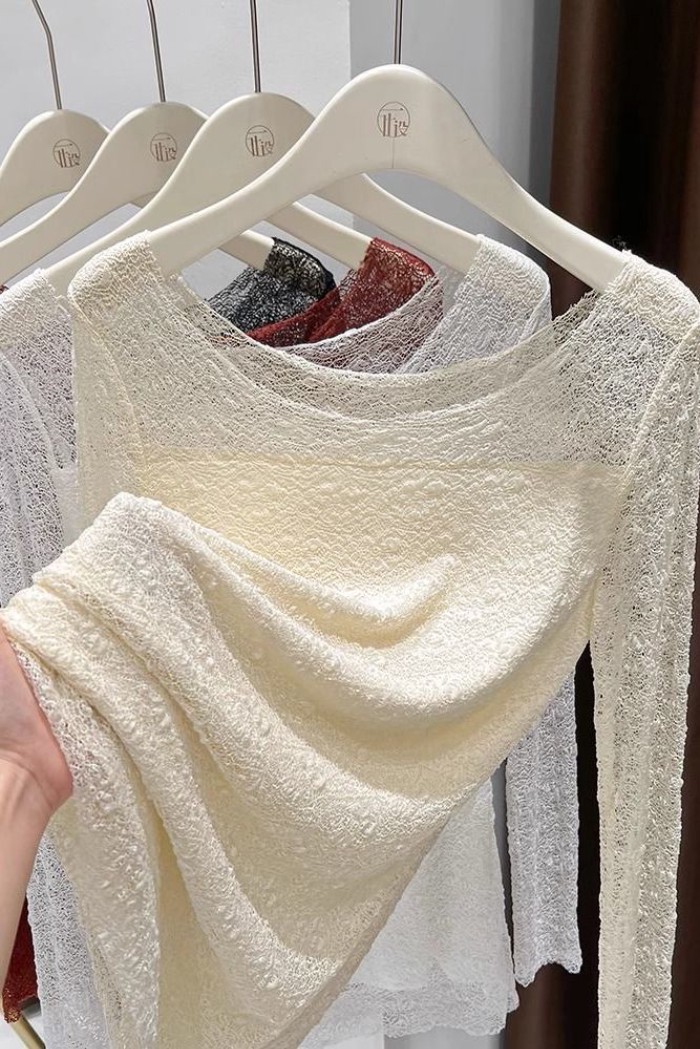 Áo sơ mi ren đáy cho nữ mùa thu đông, áo nhung xếp lớp, áo lưới cổ thấp mới