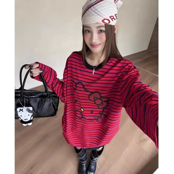 Phim hoạt hình mèo Kitty sọc cổ tròn sọc rộng dài tay áo thun mùa thu thường ngày