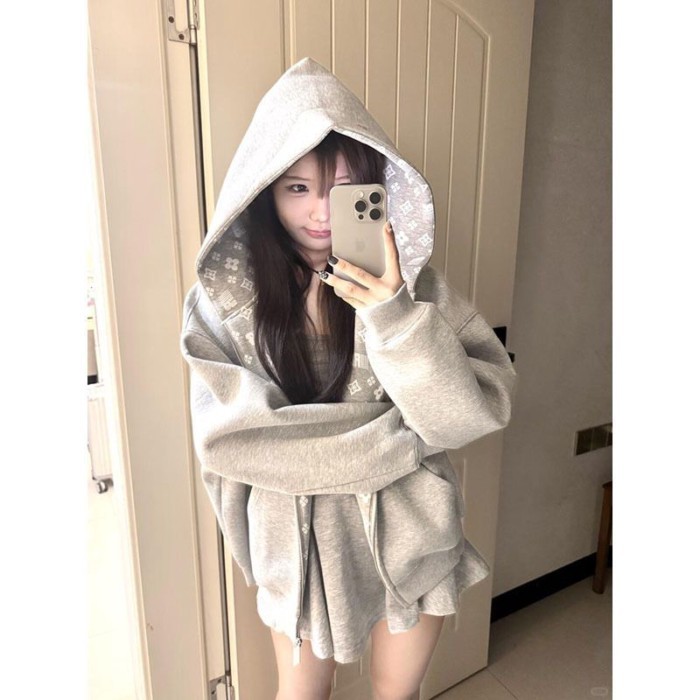 Áo khoác cardigan có mũ trùm đầu in hình ngoài trời cho nữ mùa thu hợp thời trang thương hiệu cặp đ