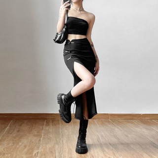 Khóa retro gợi cảm váy đen xẻ tà dành cho nữ thiết kế xếp ly giảm béo hông váy dài giữa mùa h