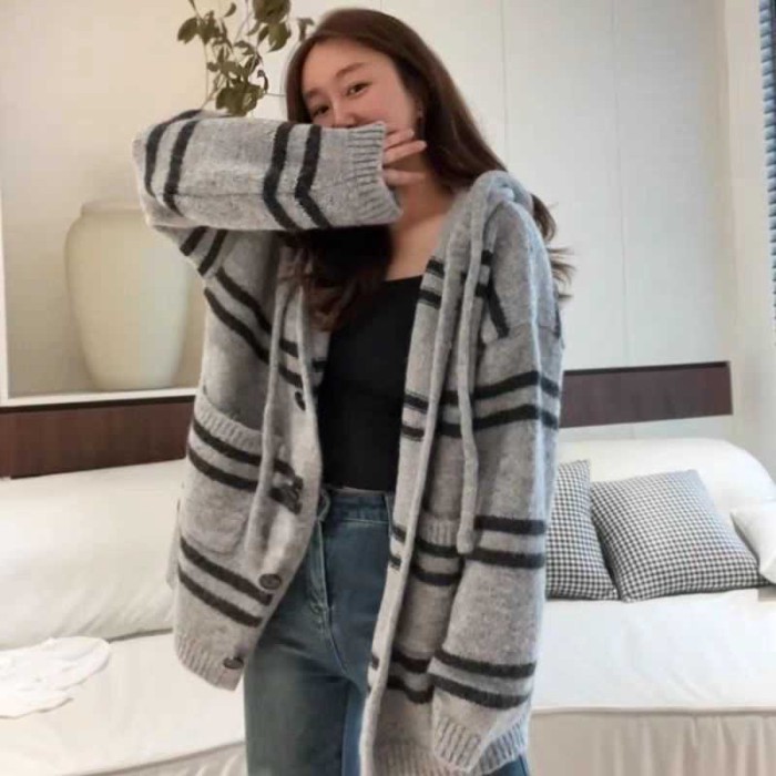 Áo len sọc cao cấp nữ mùa thu mới Fair Isle áo khoác cardigan dệt kim có mũ trùm đầu