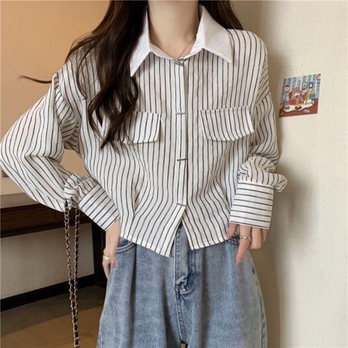 Áo sơ mi dài tay sọc Áo sơ mi nữ Thiết kế ngắn Niche Top Xuân Thu Phong Cách Mới