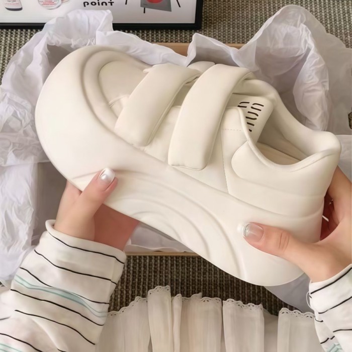 Giày Velcro trắng, giày thể thao mũi to thông thường, giày đế bệt, đế dày xấu xí, giày bánh mỳ tăng